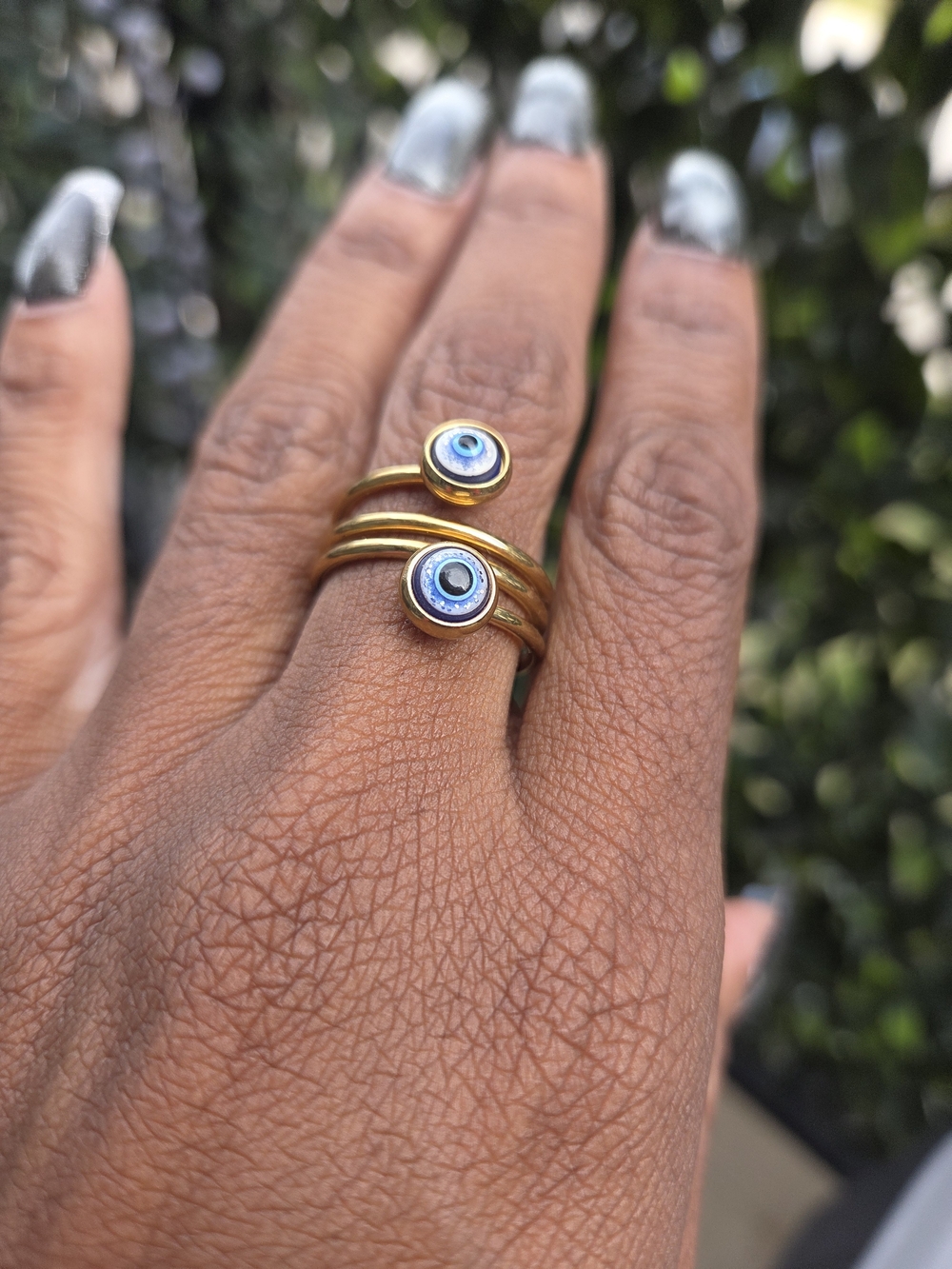 Gold-Tone Double Evil Eye Wrap Ring - Blue Accent